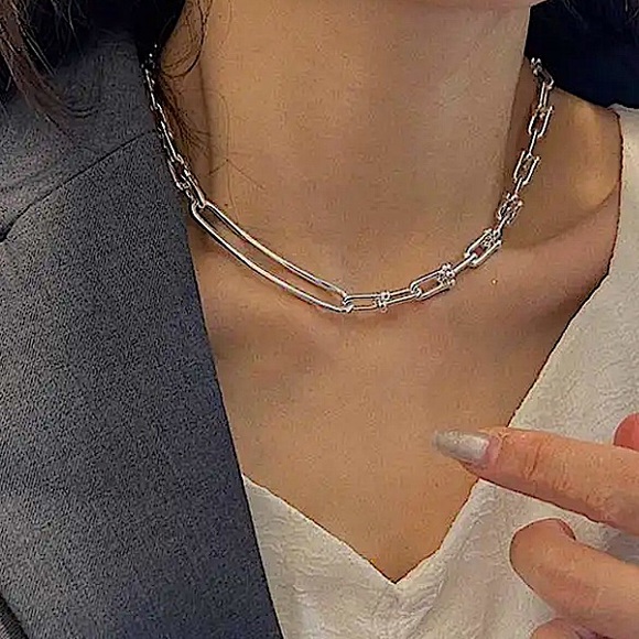 Sterling Silver U Link Necklace Horseshoe Unisex Paperclip Choker Neck… - Picture 5 of 7